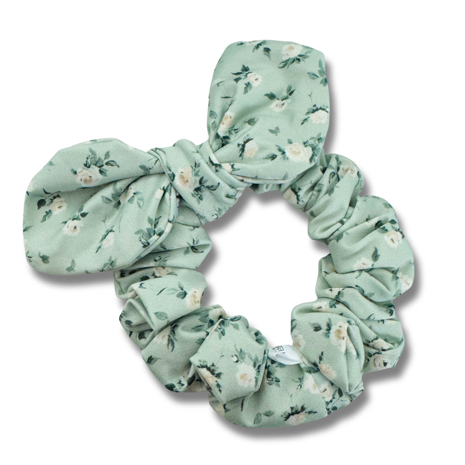 White Roses on Sage Bow Scrunchie Sewing Sweethearts