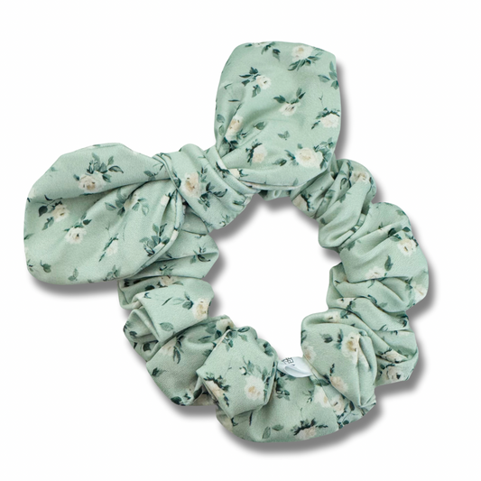 White Roses on Sage Bow Scrunchie Sewing Sweethearts