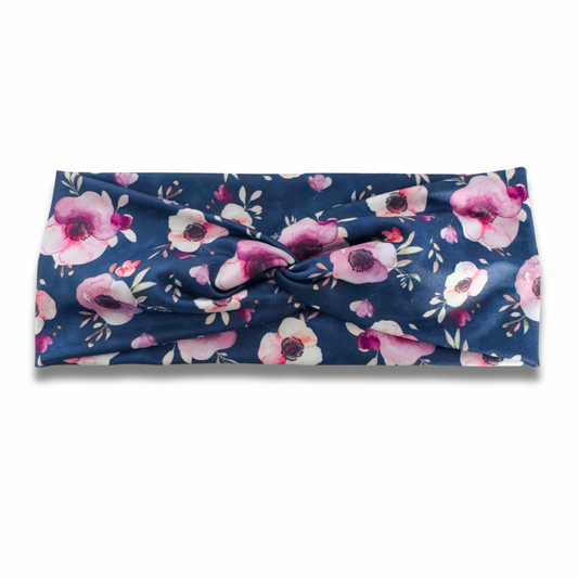 Purple Navy Floral Sweetheart Headband (or removable tie option) Sewing Sweethearts Sweetheart