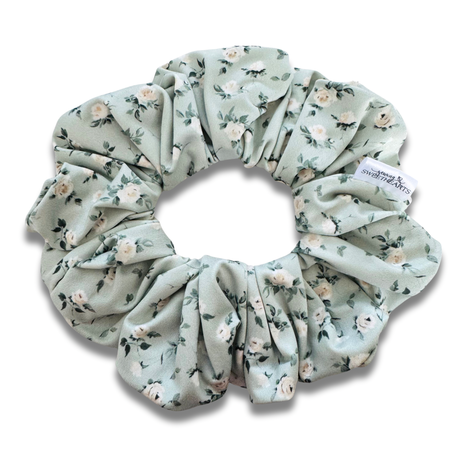 White Roses on Sage Scrunchie Sewing Sweethearts